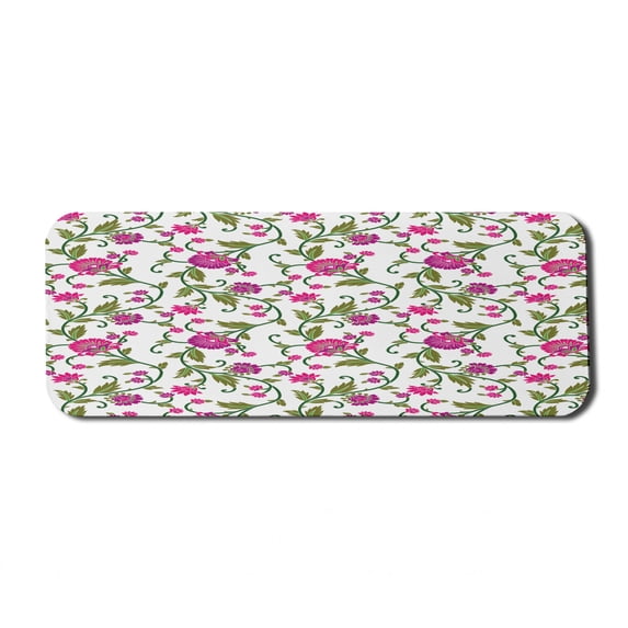 Floral Computer Mouse Pad, Magenta Tones Flower Design with Long Curved Branches and Leaves Art, Rectangle Non-Slip Rubber Mousepad Large, 31" x 12", Olive Green and Hot Pink, by Ambesonne