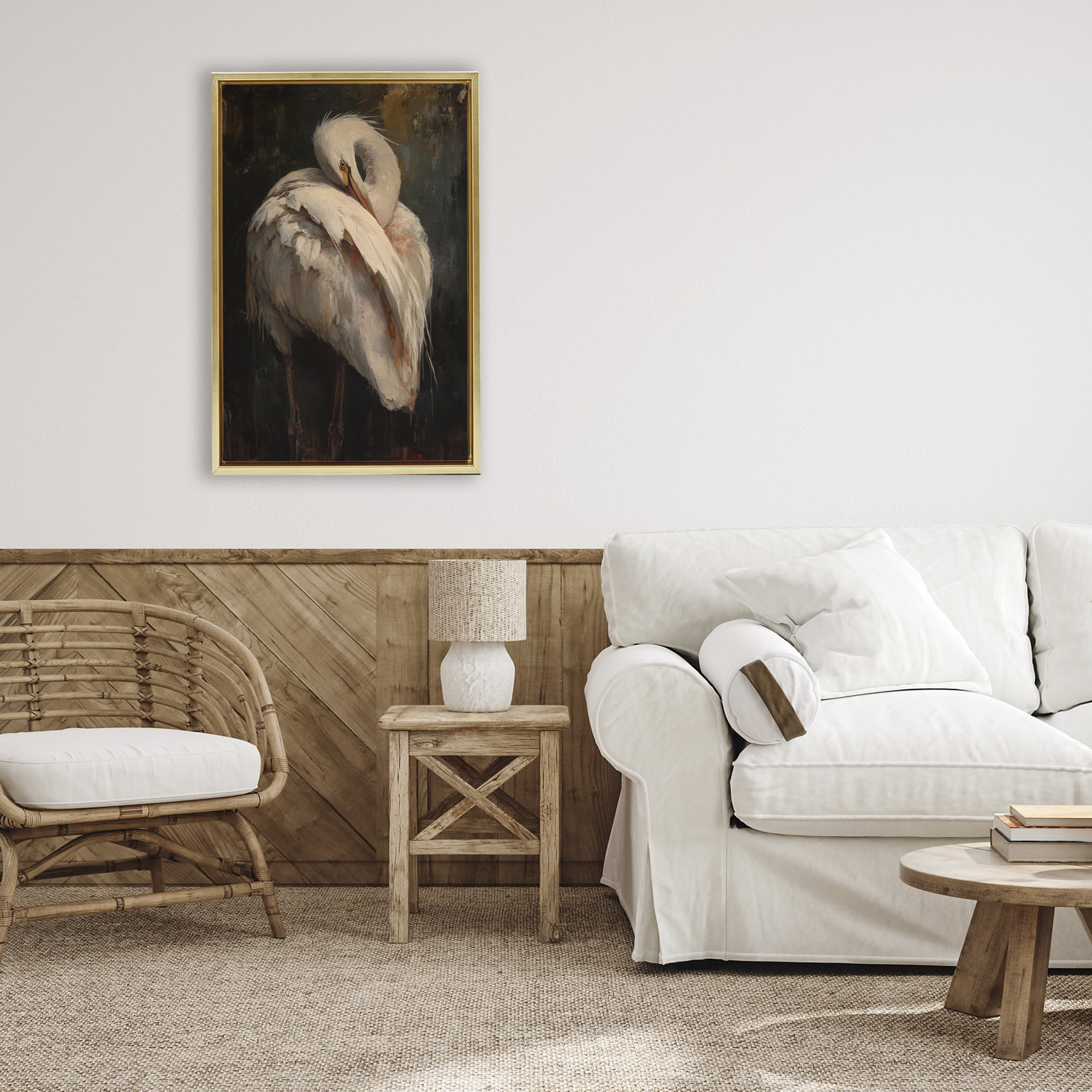 Stupell Industries Sleeping Egret in Golden Light Gold Framed Floater Canvas Wall Art, design by Petal Prints Design
