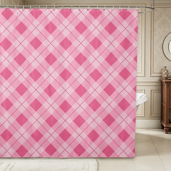 Erosebridal Vintage Checkered Shower Curtain 72Wx72L,Minimalist Geometric Plaid Bathroom Curtain,Pink