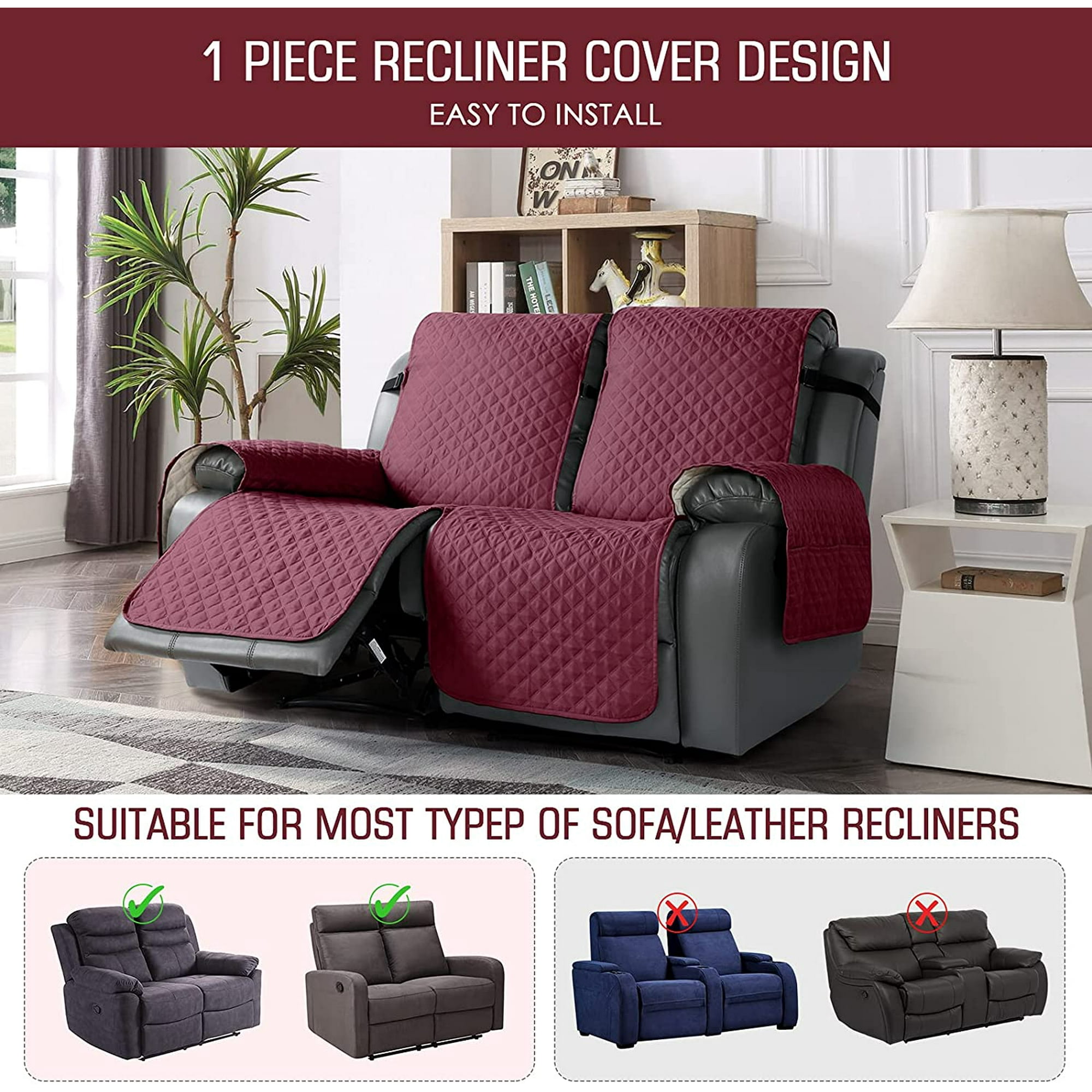 Loveseat Recliner Cover Non Slip Sofa Slipcover Pet Cover for Loveseat Recliner with Elastic Straps Washable Reclining Loveseat Cover Recliner Furniture Protector 2 Seater Wine Walmart