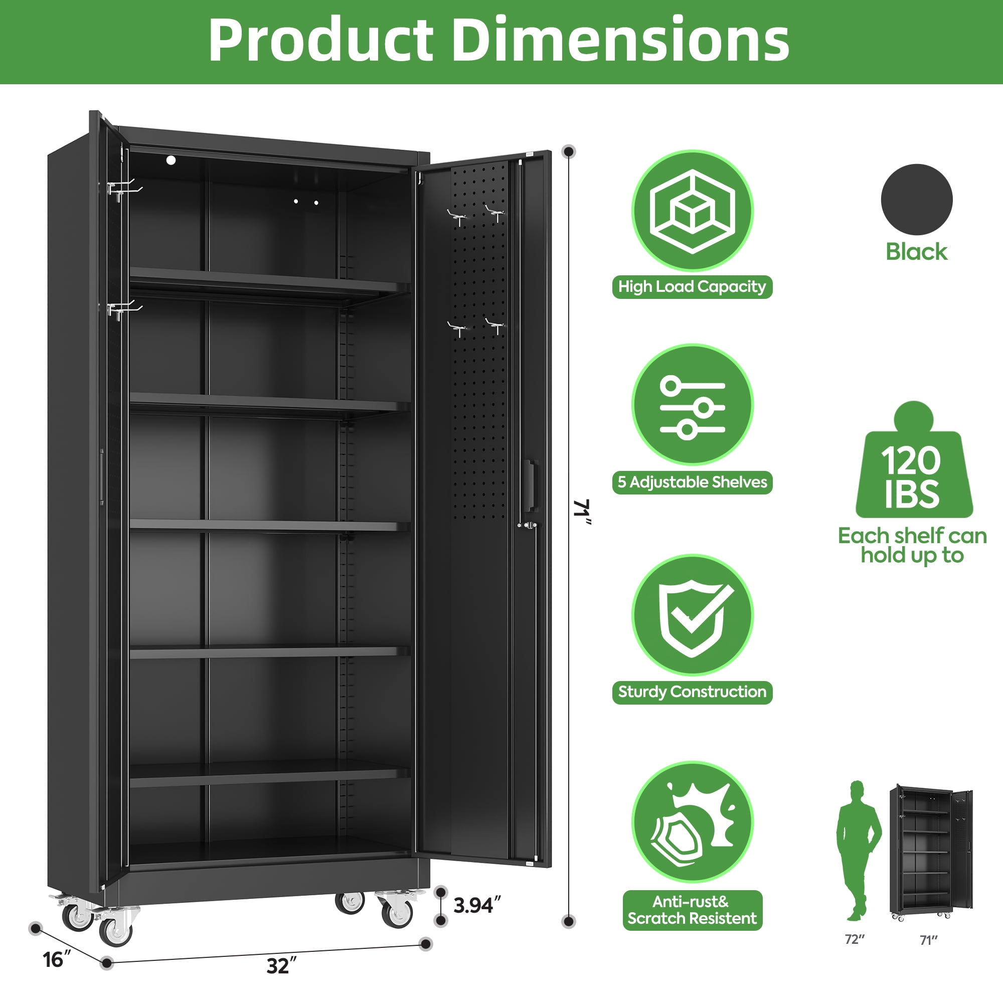 Aobabo Metal Storage Cabinet with Lock,Garage Storage Cabinet with Wheels,72In Steel Storage Cabinet for Garage Home Storage, Black Required-Assembly
