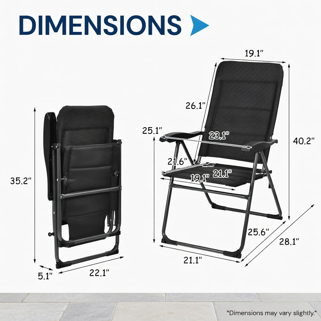 Hommoo 2-Pack Foldable Outdoor Patio Chairs with 7-Position Adjustable Backrest, Heavy-Duty Steel Frame, Breathable Oxford Fabric, for Backyard, Bistro, Pool & Camping, Black