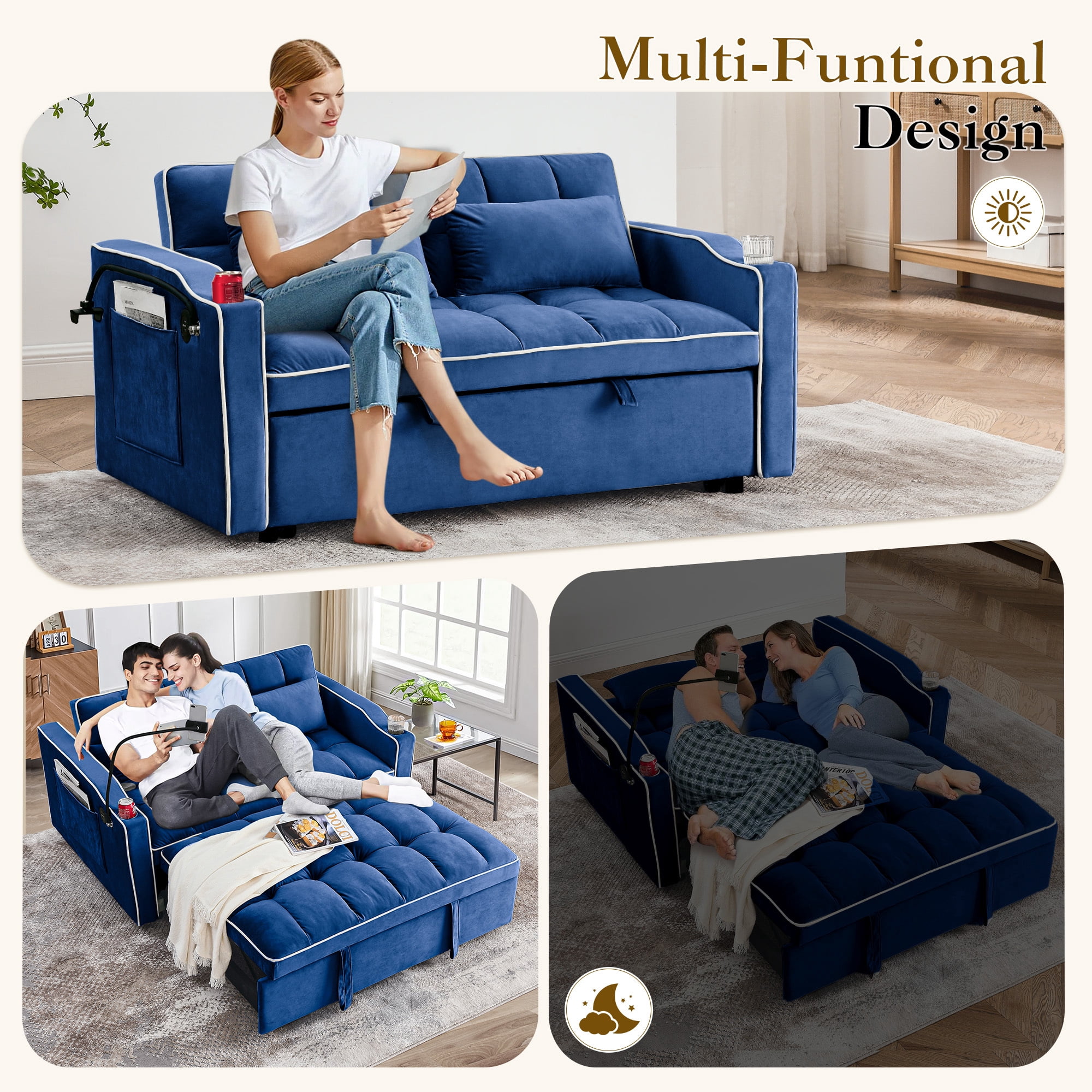 Dinosisco 4-in-1 Convertible Pull Out Sofa Bed, Loveseat Sleeper with Phone Stand, USB, Blue Velvet