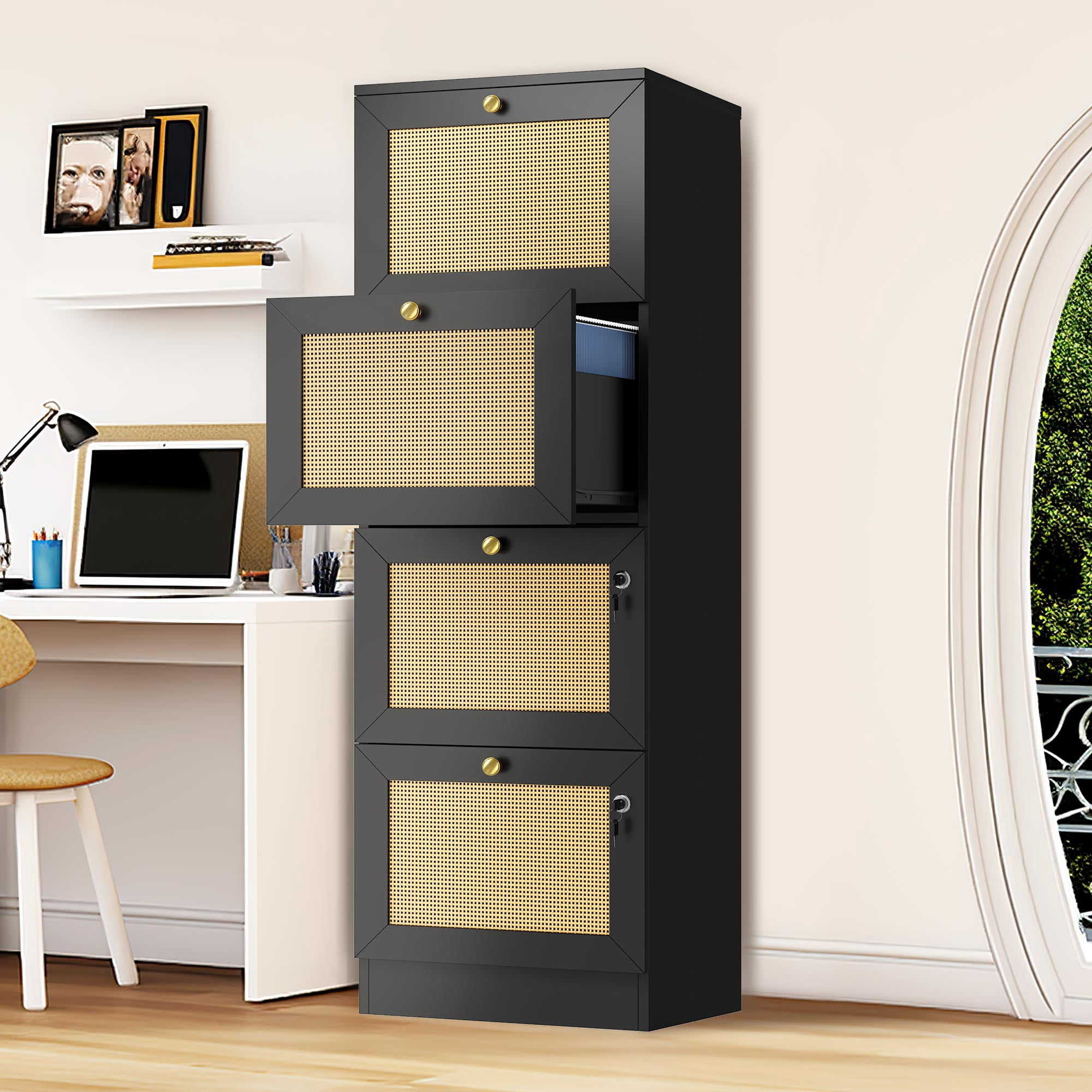 Dextrus Rattan 4-Drawer Wood File Cabinet with Lock,15.82" Deep Vertical Filing Cabinet for Letter A4-Sized Files, Chest Organizer Office Storage, Black