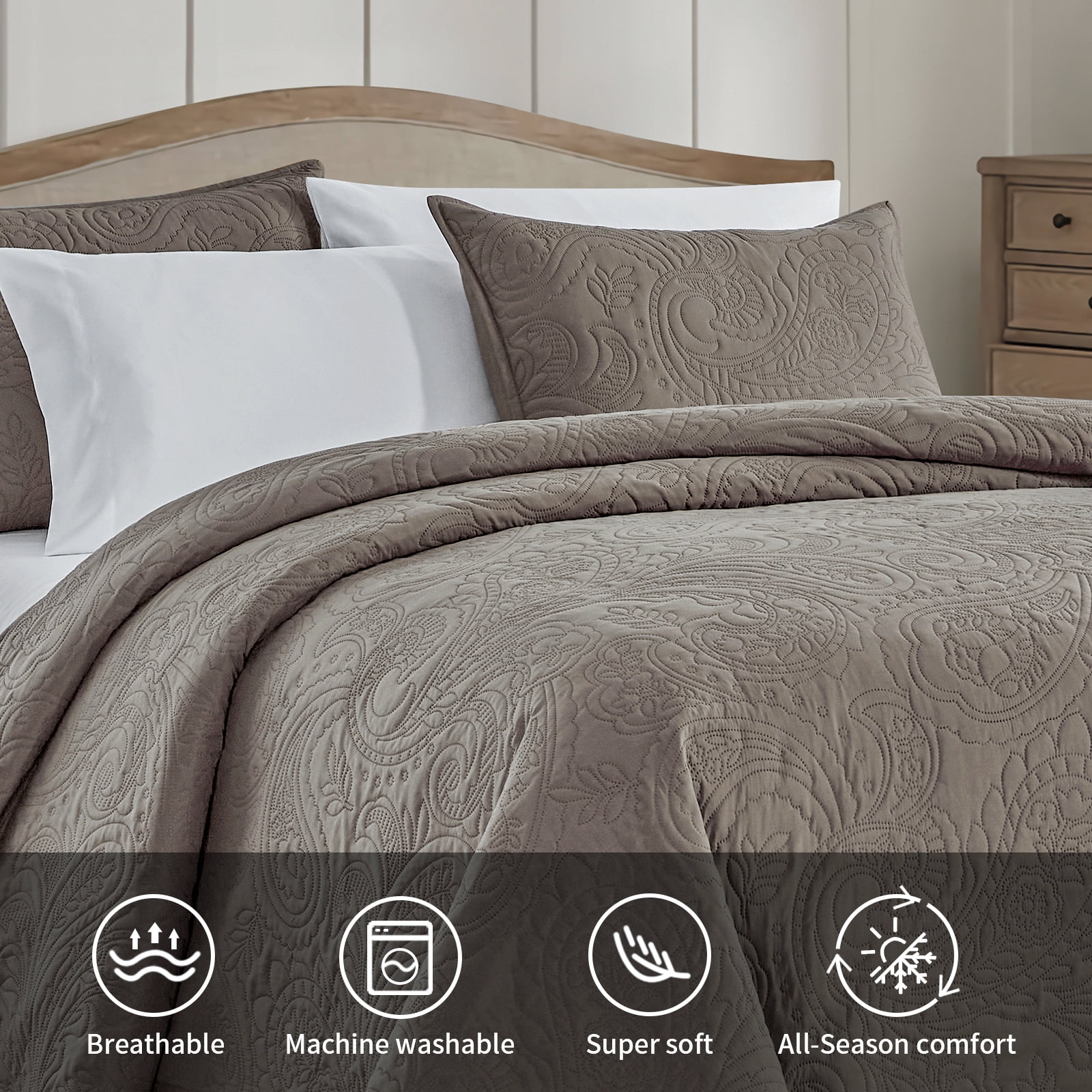 Bourina Modern Floral 3-Piece Quilt Set– Queen,Taupe,Lightweight & Comfortable,Perfect for All Seasons