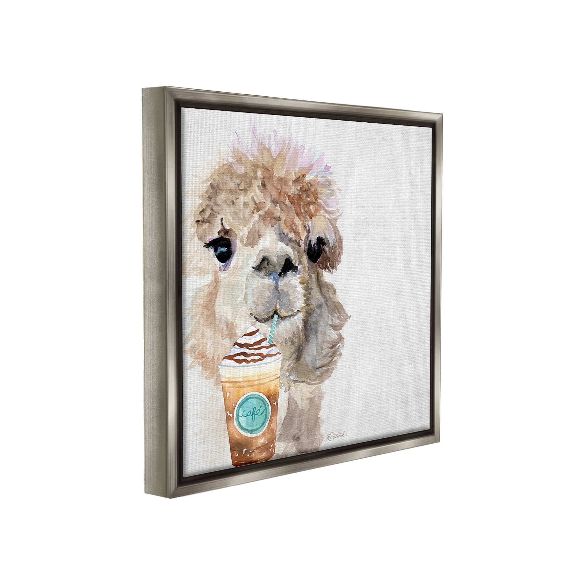 Stupell Industries Alpaca & Coffee Latte Animals & Insects Painting Gray Floater Framed Canvas Art Print Wall Art, 25 x 25