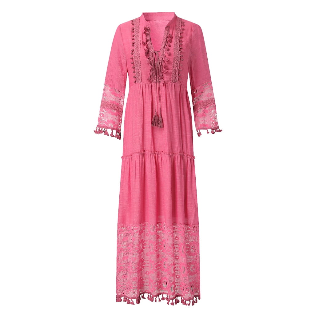 fartey Maxi Dress for Women Bohemian Print V Neck Long Sleeve Plus Size Dress Lace Solid Color Tiered Loose Swing Dress