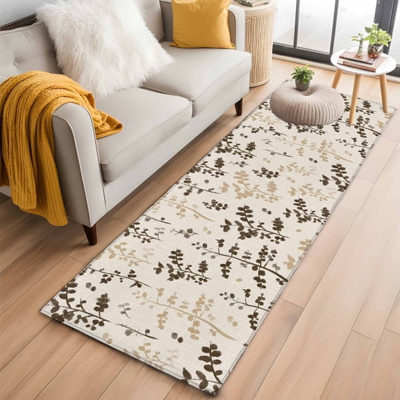 Runner Rug 2 x 6 Ft, Brown Beige Botanical Washable Non-Slip Floor Mat for Kitchen Hallway/Entryway, Rustic Country Spring Floral Summer Leaf Long Kitchen Runner Area Rugs for Living Room,