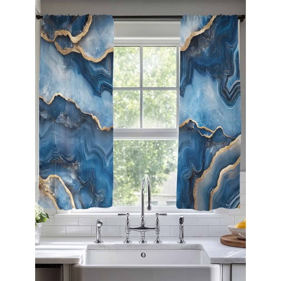 Blue Marble Sheer Curtains for Living Room Bedroom Contemporary Abstract Golden Foil Texture Sheer Curtains 72 Inch Long 2 Panels Set Light Filtering Curtain Window Treatments Drapes for Dining Room