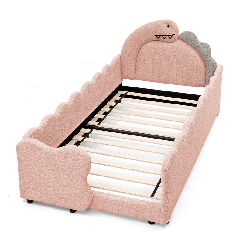 Twin Size Upholstered Platform Bed with Dinosaur Shaped Headboard, Boucle Fabric Kids Bed with Slats Support, Space-Saving Daybed for Girl, Boy, Teenager