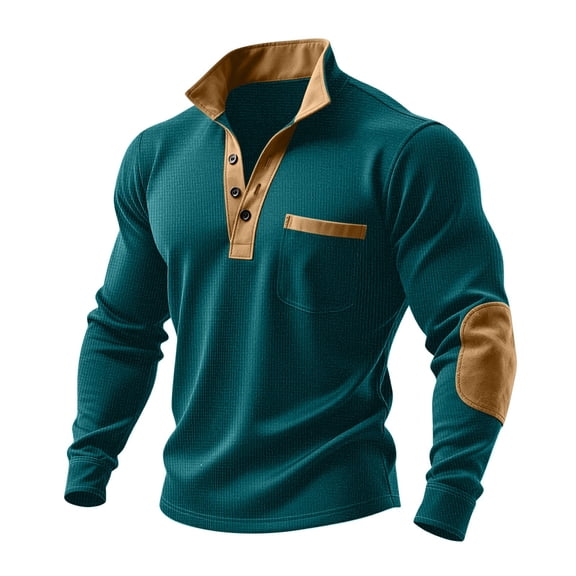 LNWUY Long Sleeve Shirts for Men Textured Collared Pullover Casual Color Block Outdoor Golf Shirt with Elbow Patch Green S