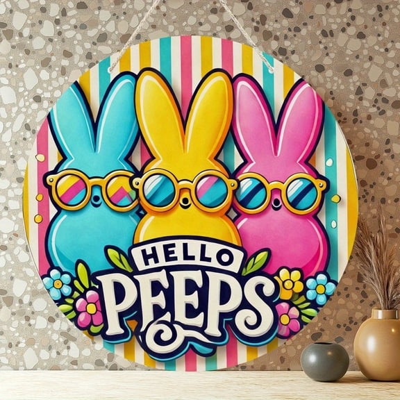 HELLOYOUNG 2D Flat Metal Tin Sign Easter Bunny Hello Peeps Colorful Wall Art Decor for Home Bedroom Living Room Farmhouse