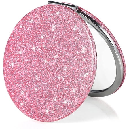 Pink Glitter Folding Double Sided Makeup Mirror with 1x 2x Magnification Portable Travel Compact Mirror