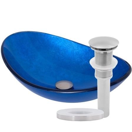 Novatto TIG-S132-8031BN Azzurro Blue Foiled Oval Glass Vessel Bath Sink with Brushed Nickel Drain
