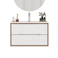 thumbnail image 5 of 32-Inch Wall-Mounted Bathroom Vanity With Sink Combo, Cabinet With Double Drawers,Soft-Close System,Ceramic Sink,Solid Wood,Easy to Install,Unique Handle-Free Design,Walnut+White, 5 of 24