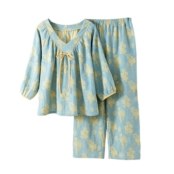 VISALY Women Pajama Sets Cotton Linen Sleepwear V Neck Pullover 3/4 Sleeve Length Blouses Loose Elastic Waist Pants Fall Pajamas Comfy Loungewear Green L