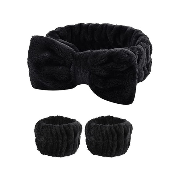 Zhuge Juego de 3 piezas de diademas de spa, muñequeras, puños para lavarse la cara para evitar derrames de líquidos, cintas para el cabello, muñequeras de toalla para mujeres (negro)