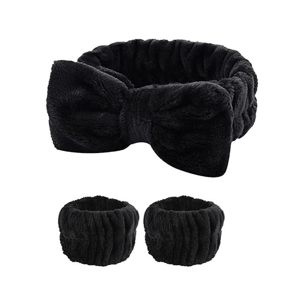 Zhuge Juego de 3 piezas de diademas de spa, muñequeras, puños para lavarse la cara para evitar derrames de líquidos, cintas para el cabello, muñequeras de toalla para mujeres (negro)