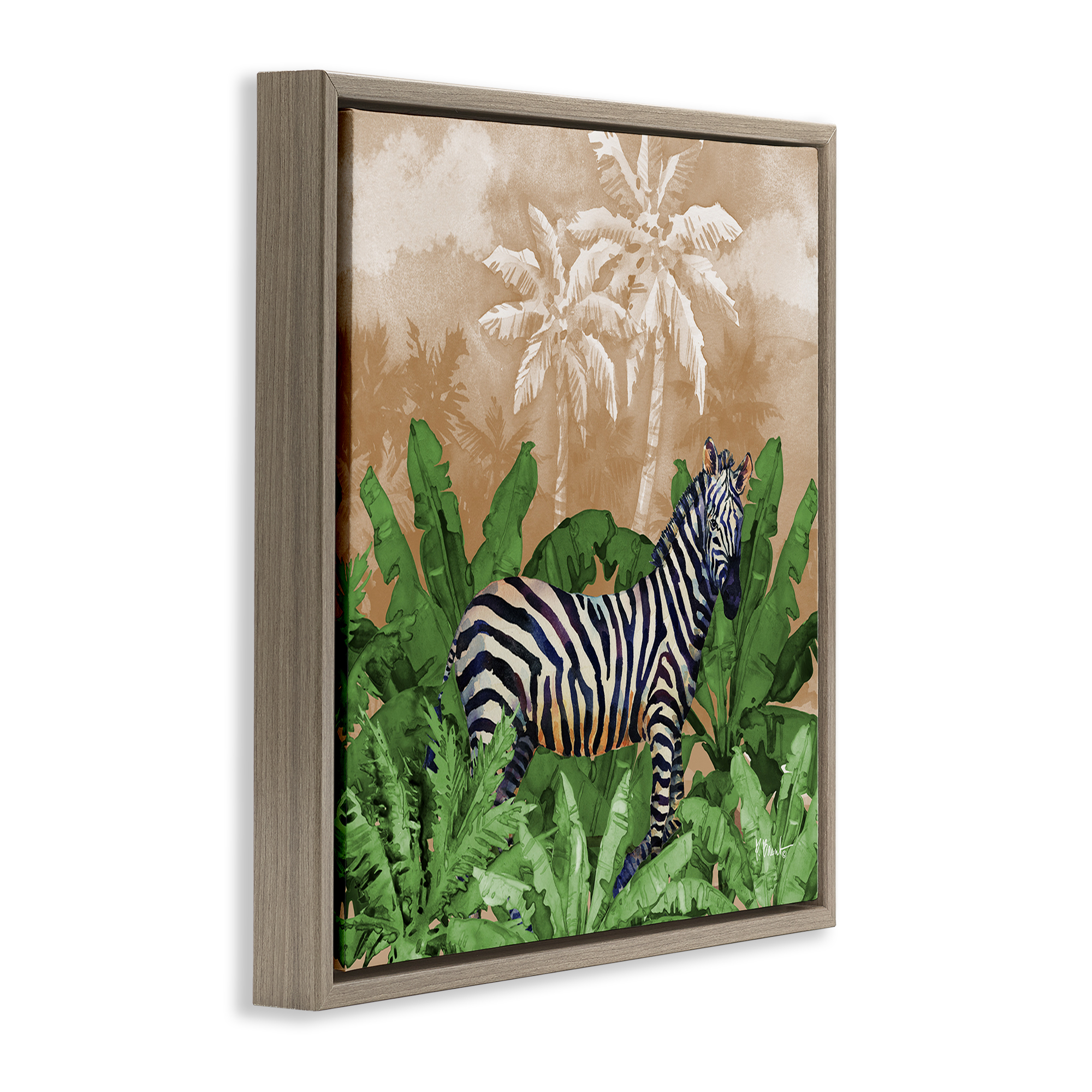 Stupell Industries Jungle Life Zebra Animals & Insects Painting Brown Floater Framed Canvas Art Print Wall Art, 18 x 18