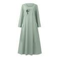 thumbnail image 4 of IROINNID Maxi Dress for Women Long Sleeve Print Cotton Linen Round Neck Pocket Dress ,Green, 4 of 5