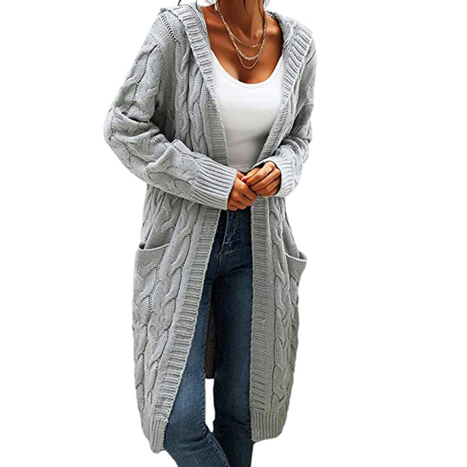 Mafulus Women Hooded Open Front Cardigan Cable Knit Sweaters Solid ...