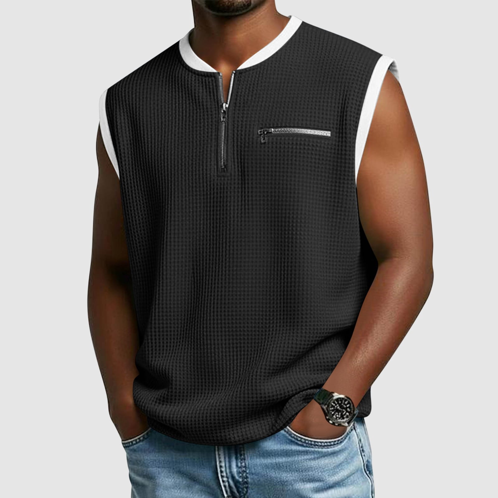 Brnmxoke Men's Waffle Weave Shirt Summer Casual Sleeveless Quarter
