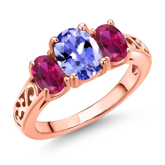 Gem Stone King 18K Rose Gold Plated Silver Blue Tanzanite and Red Created Ruby Filigree Style 3 Stone Ring for Women (2.16 Cttw, Oval 8X6MM and 6X4MM) (Size 7)