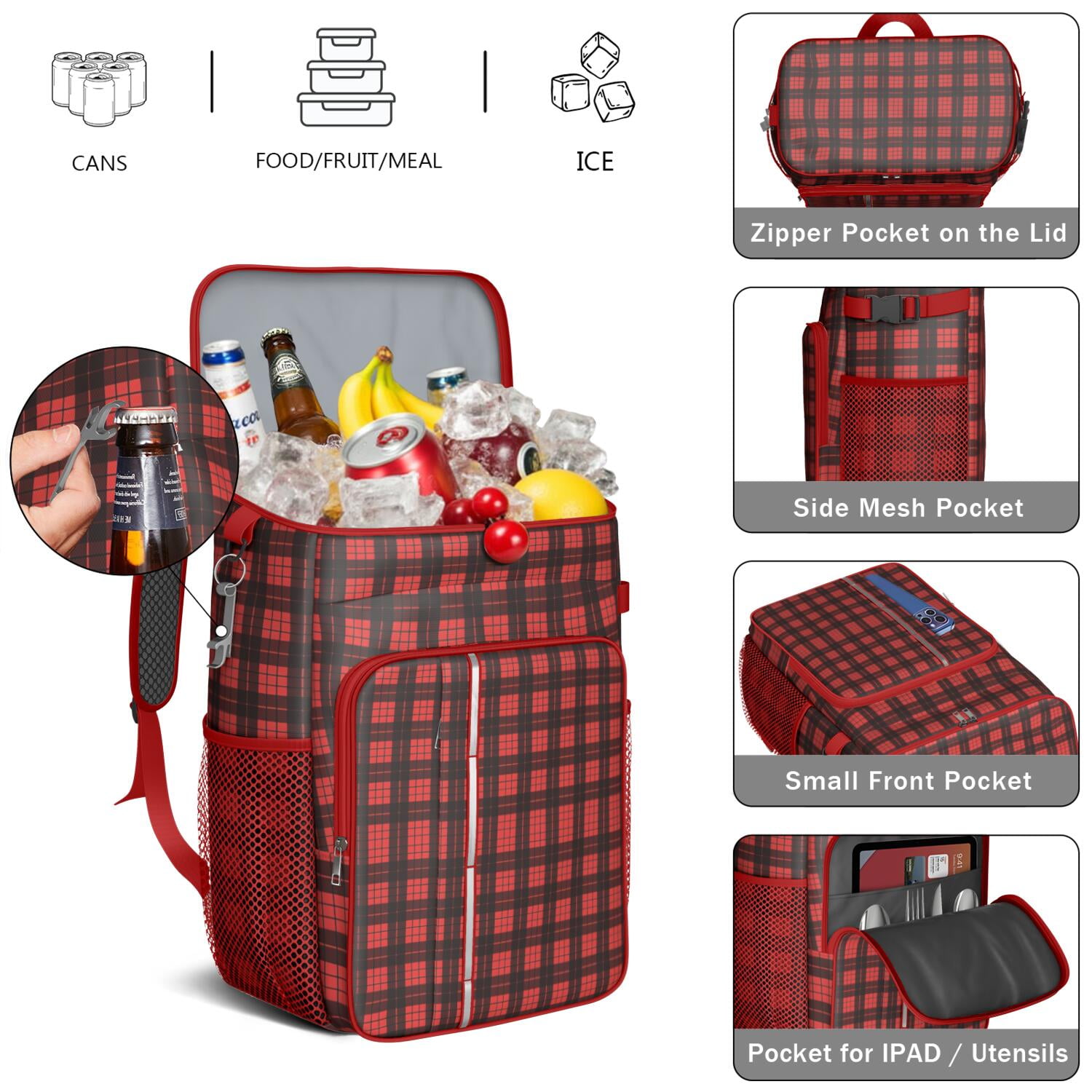 Travel Cooler Bag - Red and Black Christmas Plaid Pattern Camping Beer Cooler Backpack with Bottle Opener- Waterproof Insulated Picnic Backpacks - Cooler Bag for Beach