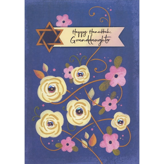 Designer Greetings Cream and Pink Flowers on Swirling Vine, 3D Banner and Sequins Hand Decorated Hanukkah Card for Granddaughter