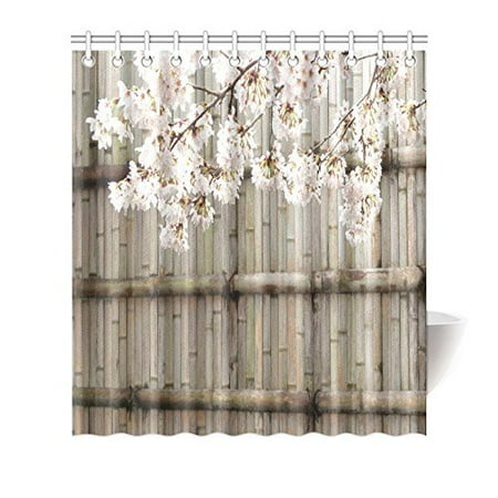 - MYPOP Sakura Shower Curtain Collection, Japanese Cherry Blossoms Just After A Rain on Bamboo Fence Background Polyester Fabric Bathroom Sets Decor, 66 X 72 Inches