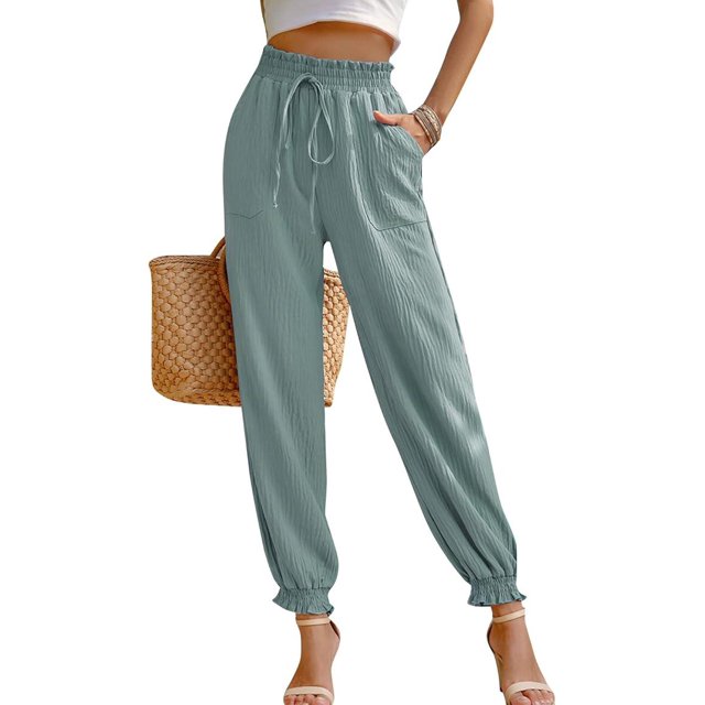 Women High Waist Long Pants Pure Color Elastic 2 Pockets Simple Comfortable Solid Color Ankle Tie Trousers for Daily Life Workouts, Running, Pilates