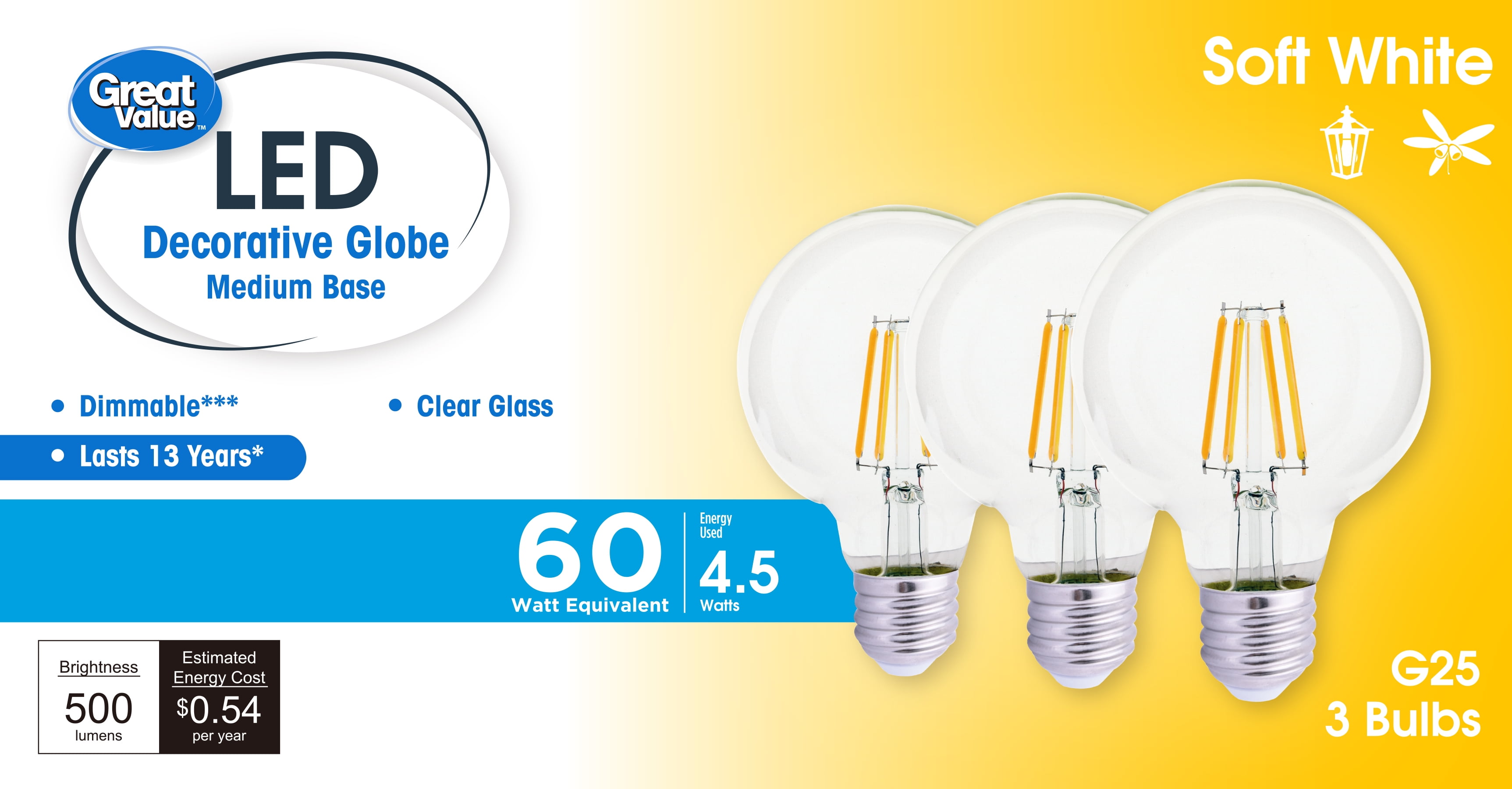 (2 pack) Great Value G25 LED Bulb, 4.5-Watt (60W Equivalent) Soft White Decorative Globe E26 Base Dimmable3 Pack