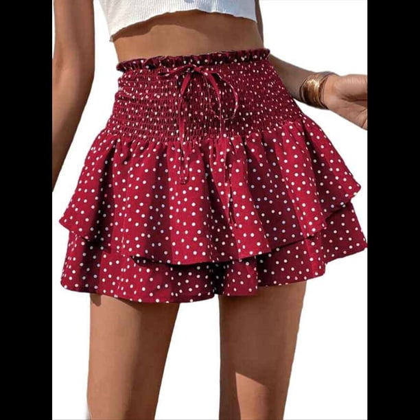 Mini Shorts con Volantes y Cintura Alta para Mujer Bonitos Shorts Cortos Escalonados con Shorts Debajo Vino Tinto S