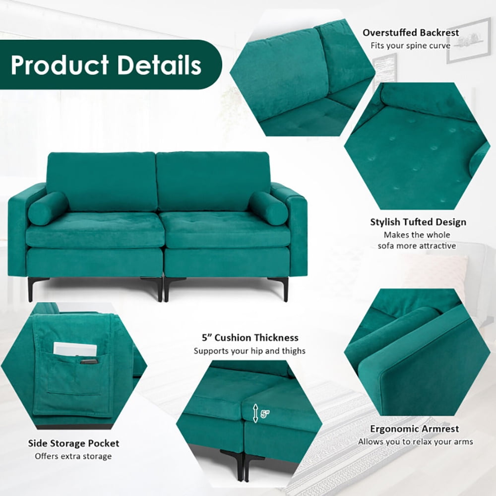 Finihen Loveseat Sofa, Modern Loveseat Sofa with 2 Bolsters and Side Storage Pocket, for Living Room, Bedroom, Teal