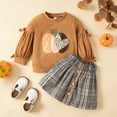 thumbnail image 3 of URMAGIC Newborn Baby Girl Fall Clothes Infant Round Neck Pullover Pumpkin Print Hoodie Plaid Skirt Headband 4Pcs Outfits, 3 of 10