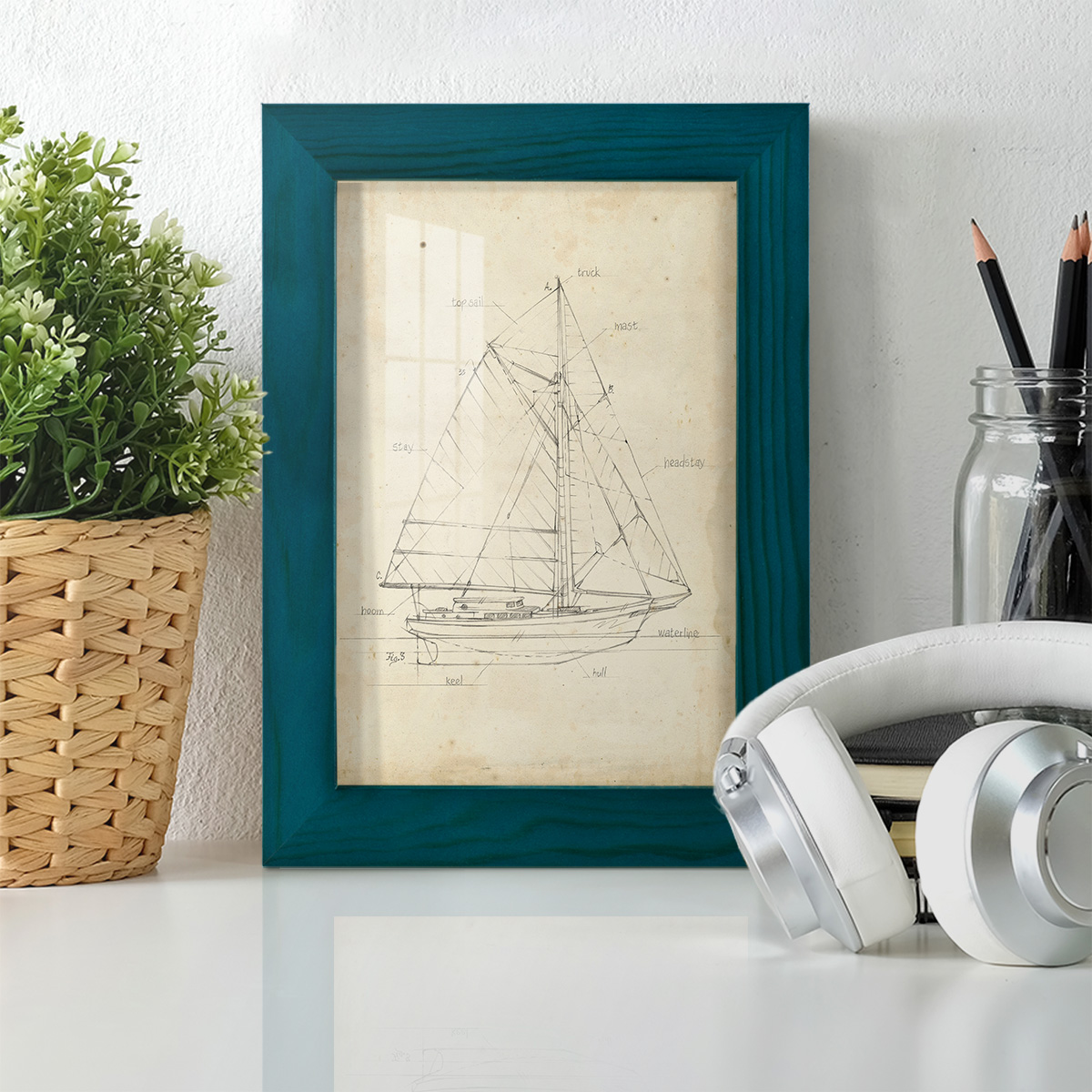 Sailboat Blueprint III -Framed Print w/glass-Ocean Blue