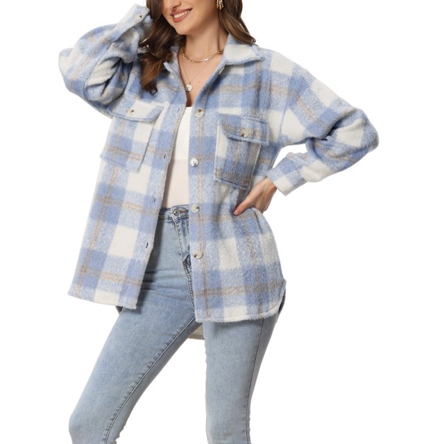 INSPIRE CHIC Women's Plaid Two Pockets Button Front Closure Jacket Blue 2XL