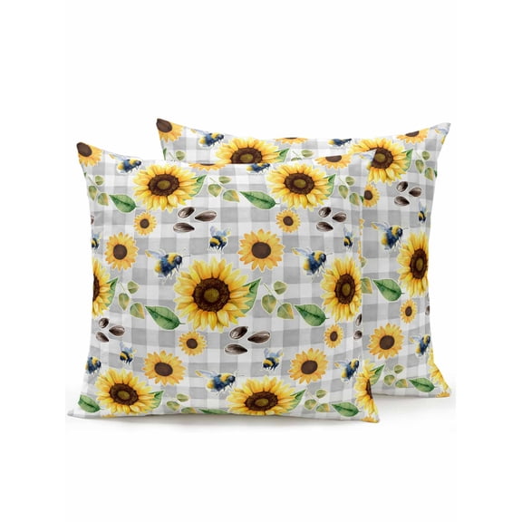 Outdoor Throw Pillow Set of 2, Spring Sunflowers Waterproof Pillow with Insert Included, Rustic Floral Farmhouse Grey Buffalo Plaid Decorative Accent Cushion Sofa Pillows for Patio Porch, 16 x 16 In