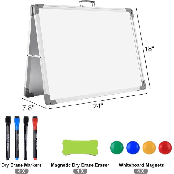 White Board Dry Erase 24" x 18", Magnetic Portable Foldable Whiteboard Double Sided Desktop Dry Erase Board Easel on Table Top with Holder for Classroom, Office, Homeschooling, School Supplies