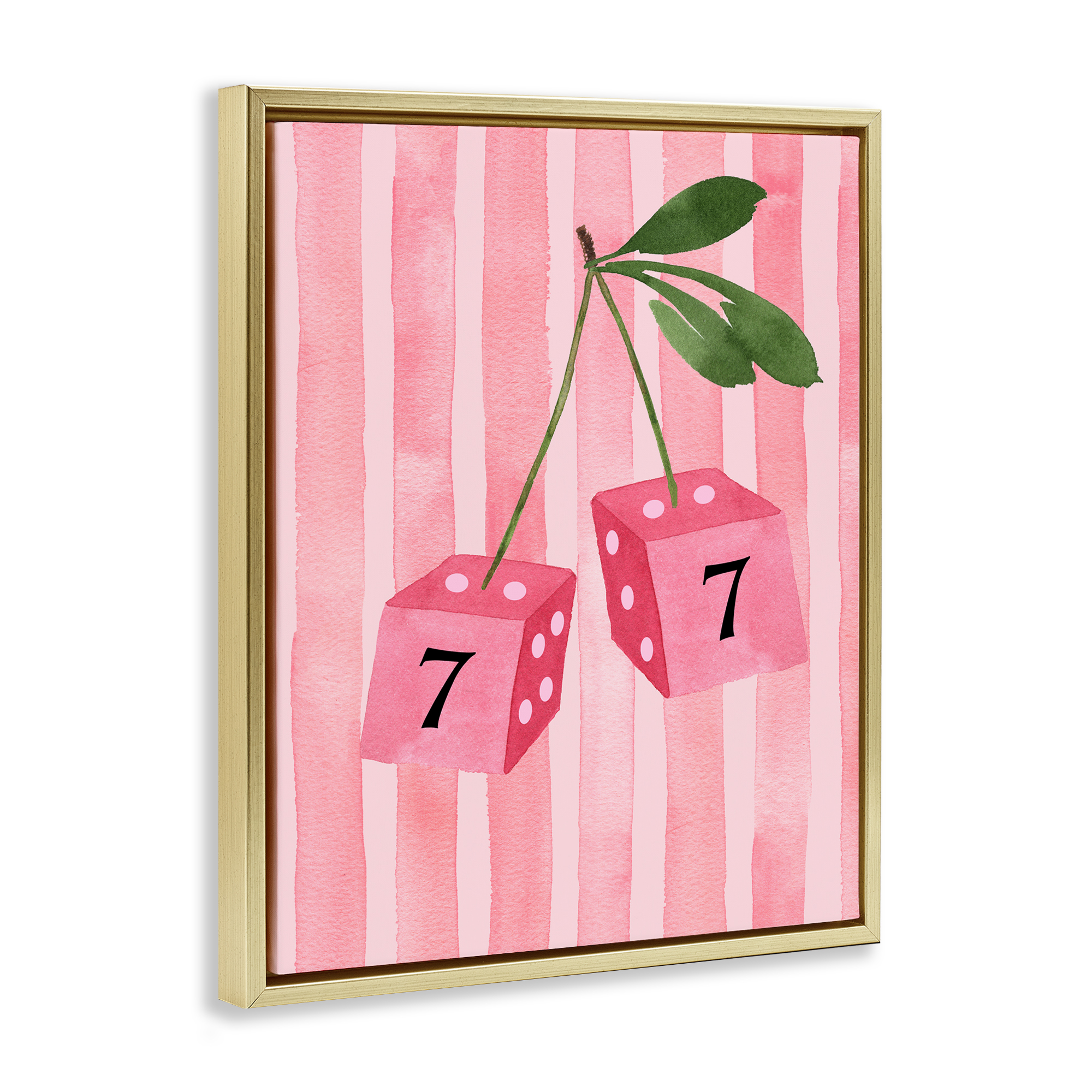 Lucky Number 7 Cherry Dice Gold Framed Floater Canvas Wall Art, design by Nina Jacobs