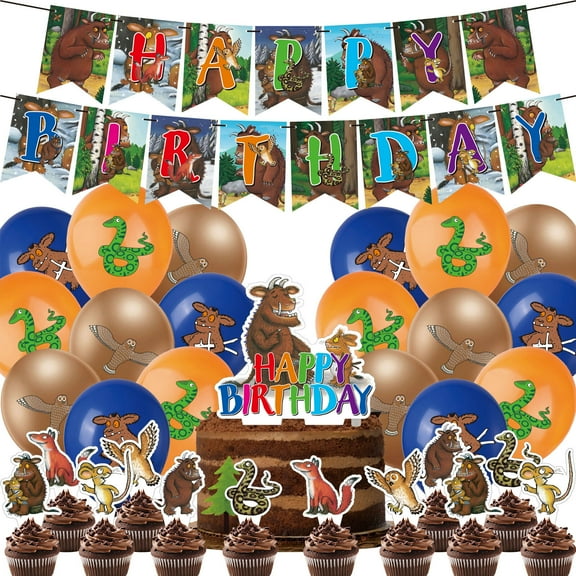 32 Pcs For The Gruffalo Theme Birthday Party Decorations and Supplies Set – Includes 1 Banner, 12 Cupcake Toppers, 1 Cake Topper, and 18 Balloons for Festive Celebrations