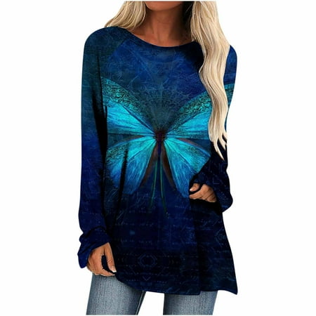 

Women Long Sleeve Butterfly Casual Shirts Print Round Neck Pullover Loose Tops