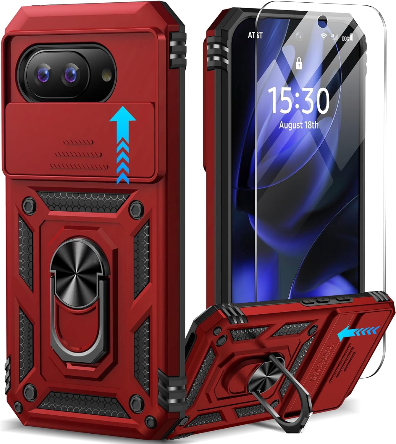 KOMI for Google Pixel 9a Case with Slide Camera Cover HD Screen Protector [Military Grade 16ft. Drop Tested] Magnetic Ring Holder Kickstand Protective Phone Case for Google Pixel 9a 2025 (6.3 inch)