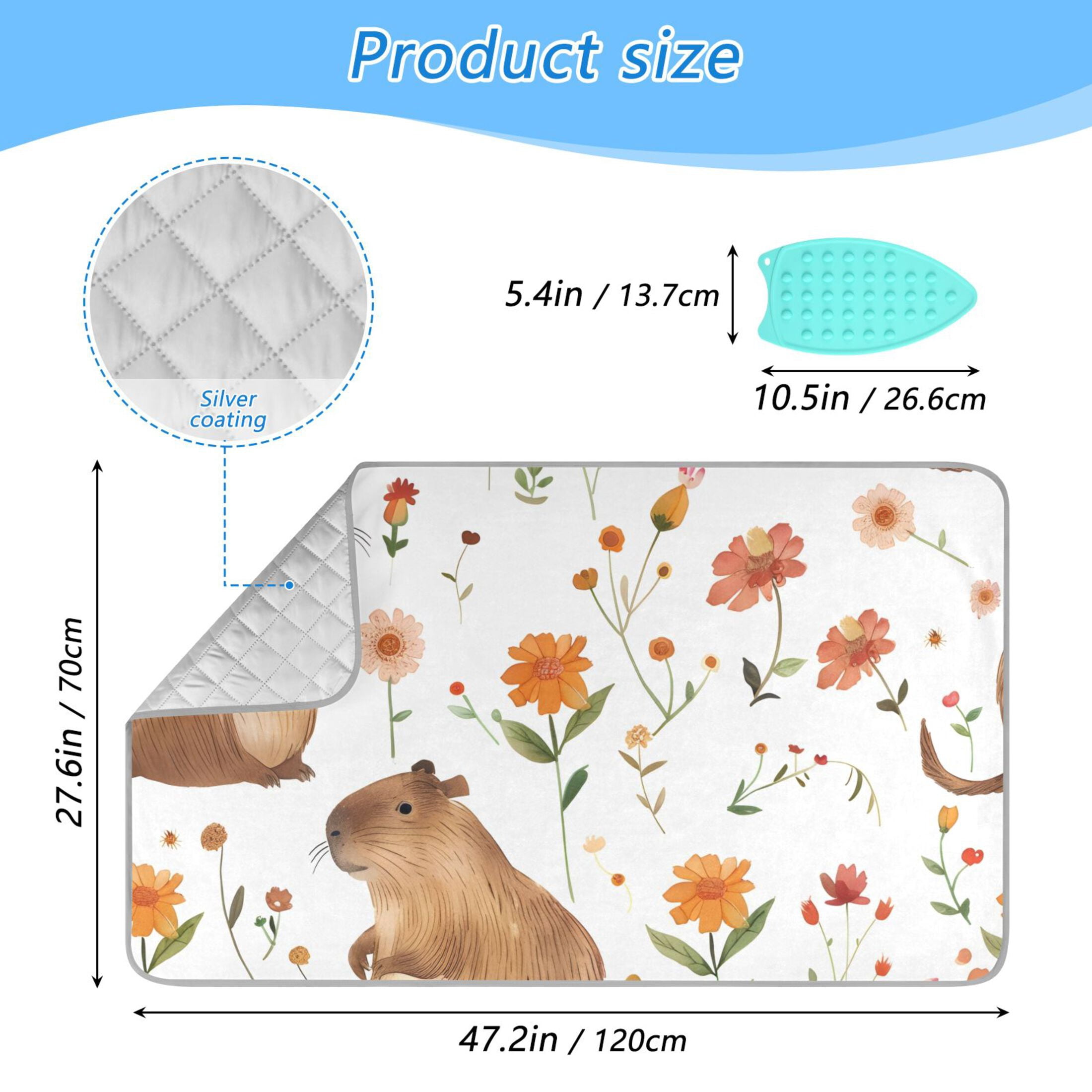 Lovely Capybara with Beautiful Florals Ironing Mat Blanket Portable Travel Ironing Pad Heat Resistant Pad 47.2" x 27.6”