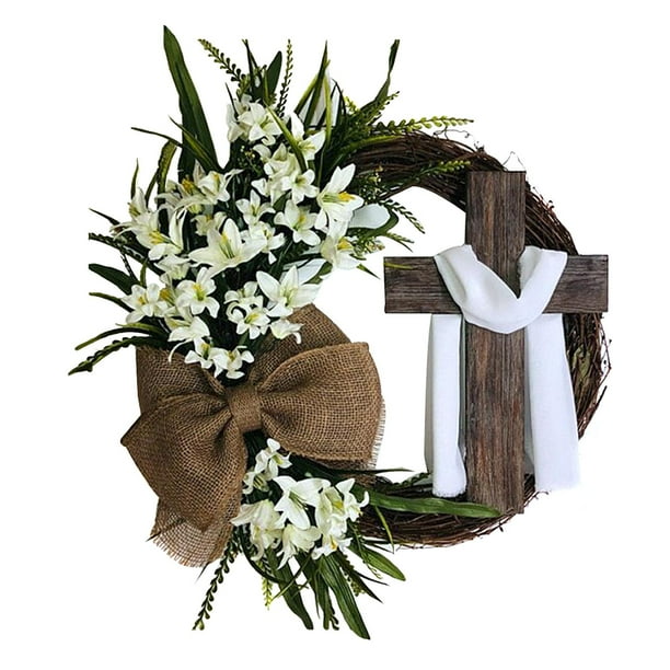 Corona de cruz de Pascua, corona para puerta de entrada, guirnalda decorativa, flores artificiales para 40cm Blanco
