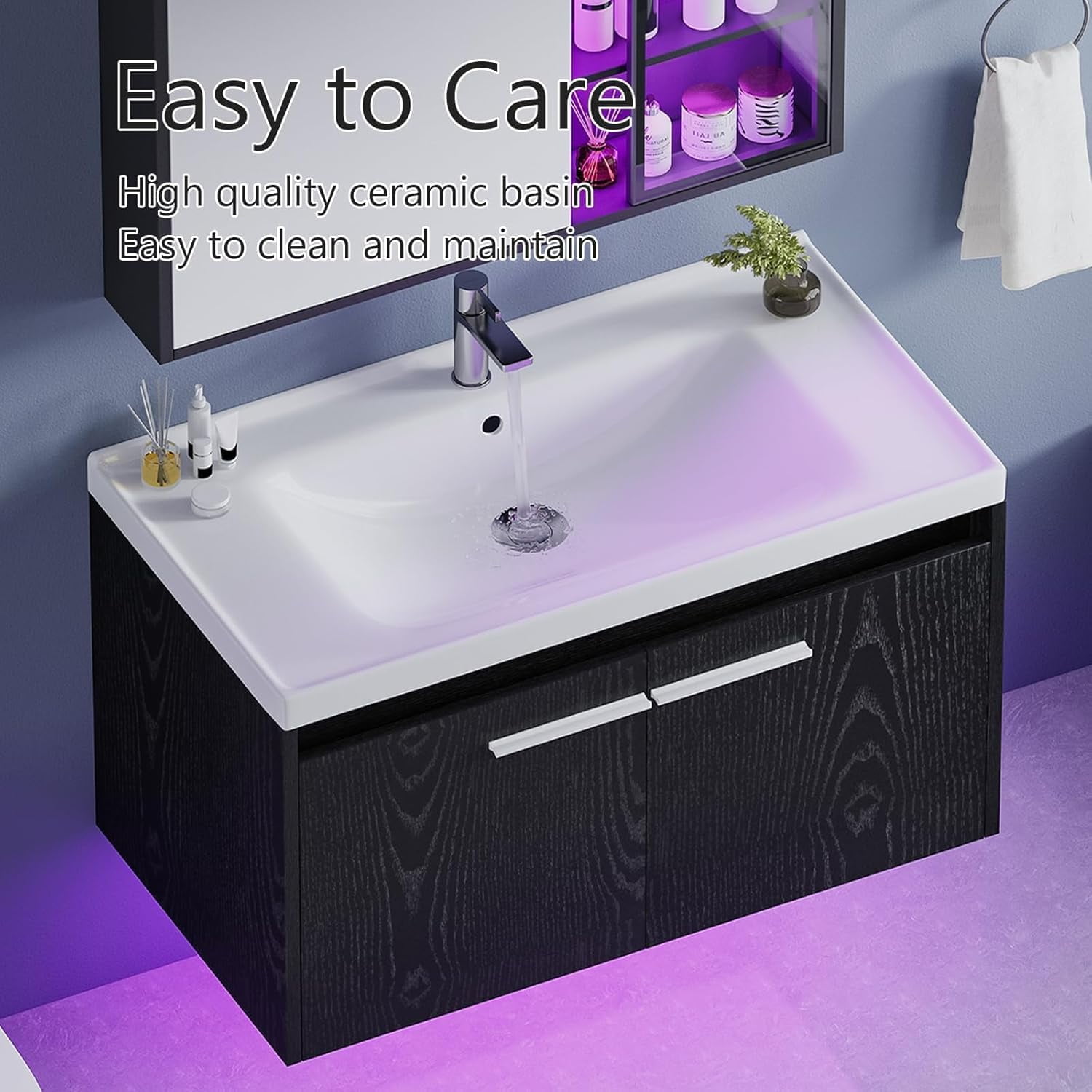 DreamCurship 31” Bathroom Vanity with Sink, Floating Bathroom Vanities with Adjustable LED Light, Bathroom Sink Cabinet with 2 Doors, Black