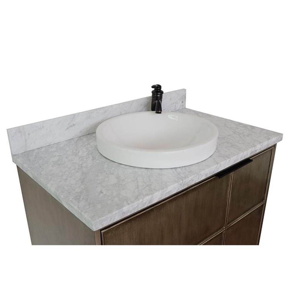 Bellaterra Home 37" Single wall mount vanity in Linen Brown finish top with White Carrara and round sink