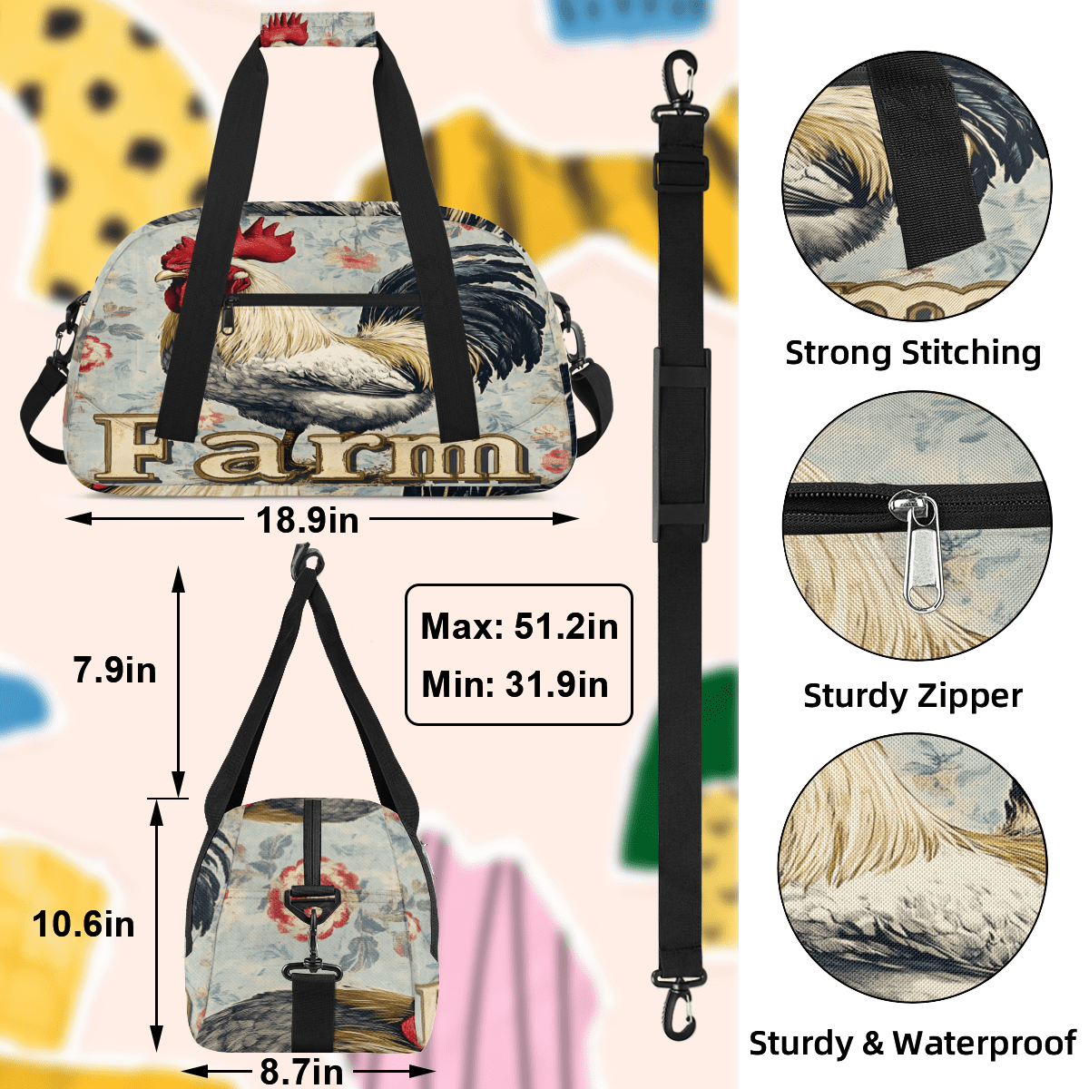 Herdesigns Roosters And Chickens Sports Duffle Bags Travel Duffle Bag Gym Bag Flower Weekender Travel Bag Waterproof Overnight Bag Carry On Travel Tote Bag Dance Bags