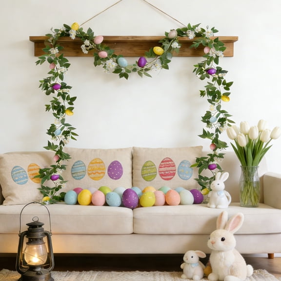 KOYPTL 5.6FT Easter Garland for Mantle, Artificial Spring Vine with Eggs Flowers for Rustic Fireplace Arch Indoor Outdoor Table Door Wall Window Decor, Easter Garland Decorations for the Home