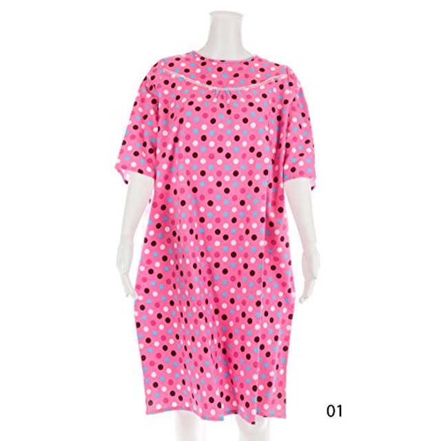 Women's Adaptive Flannel Backwrap Gown (Large, Colorful Polka Dots with Pink Background - 01)